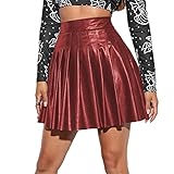Damenrock aus Leder, hohe Taille, plissiert, leger, schlank, einfarbig, elastische Taille, kurzer Rock, lässig, Streetwear, Minirock, weinrot, 48