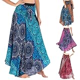 Faltenrock Damen Maxi Lang Swing Gefalteter A-Linie Plisseerock Gothic Elegant Knie Unterrock Midi Rock Rock n roll, Hippie böhmischen Zigeuner Boho Blumen elastische Taille Floral Halter Rock BU2