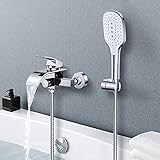 Synlyn Badewannenarmatur mit Handbrause Wannenarmatur Wasserfall Armatur Badewanne Wasserhahn Messing Wannenbatterie mit Druckschalter Duscharmatur Einhandmischer für Badezimmer Wandmontage, C