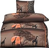 one-home 4 teilige Bettwäsche 135x200 cm Afrika Giraffen braun orange Microfaser G
