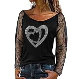 GFGHH Oberteile Damen Rundhals Bluse Glänzend Strass Langarmshirt Sexy Spitze Shirt Schlanke Tops Crop Elegant Slim Fit Damen Shirts Tüll Mesh Langarmshirts Transparente Schwarz Langarm T