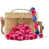 ZYYMMNN Gewebte Rattan Sommer Strandtaschen Bunte Pompom Stroh Tasche HairBall Mini Box Tasche Quasten Frauen Handgemachte Handtaschen Vintage Clutch 12X18CM