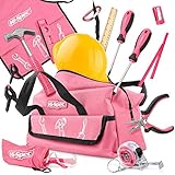 Hi-Spec Kinderwerkzeug in Pink-Rosa. Werkzeug in Kindergröße Hammer, Schraubernzieher, Schutzbrille und Helm in Einer Pinken Werkzeug