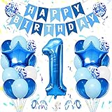 Geburtstags Dekorationen Jungen Blaue Luftballons, HOUSTAR Heliumfolienballons mit großem Farbverlauf, Hellblau Weiß Blau Konfetti Latex Luftballons, Alles Gute zum Geburtstag Banner und Bänder (1st)