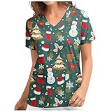 Kasack Damen Pflege Bunt mit Motiv Weihnachten, T-Shirt Schlupfkasack mit Taschen, V-Ausschnitt Schlupfhemd Berufskleidung Krankenpfleger Uniformen, Kurzarm Arbeitsuniform Krankenschwester Kleidung