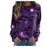 Damen Moon Print Shirt Langarm Sweatshirt Lose Pullover T-Shirt Damen Halloween Print Rundhals Lang