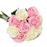 Floralsecret 12 Stück künstliche Seide Rosen Blumenstrauß Faux Flowers Home Hochzeitsfeier Dekor(Weiß, Rosa)