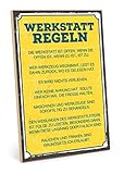 TypeStoff Holzschild mit Spruch – Werkstatt Regeln – im Vintage-Look mit Zitat als Geschenk und Dekoration (Größe: 19,5 x 28,2 cm)