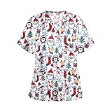 OMILASUI Weihnachten Schrubben Oberteile Frauen Kurzarm Karikatur Drucken Schrubben Oberteil Nurse Uniformen Medizinisch Krankenschwester Hemden zum Arbeit (Weiß, XX-Large)