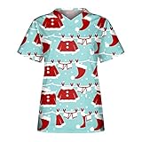 Damen Schlupfkasack Pflege Kasack Nurse Uniformen Kurzarm V-Ausschnitt Krankenschwester T Shirts Tops Cartoon Print Bluse Atmungsaktiv Arbeitsuniform Krankenpfleger Berufsbekleidung mit T