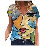 Retro Drucken Tops Oberteile Oben Sport T-Shirt Kurzarm V-Ausschnitt mit Basic Casual Shirt Damen Blusen Frauen Mode Casual Bedruckt Tunika Tops(Grün,XXXL)