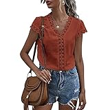 FrüHling Und Sommer Damen Casual Pullover V-Ausschnitt Einfarbig Spitze Dekoration Schlank Kurzarm T-Shirt Top D