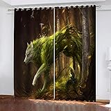 YTSDBB Verdunkelungsvorhang mit Ösen Cartoon-Wolf im grünen Wald B 183 x H 160 cm 3D Digitaldruck Druckmuster Öse Thermisch isoliert 90% für Schlafzimmer Wohnzimmer ​Kinderzimmer Junge mit M