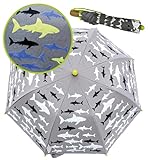 HECKBO Hai Magic Kinder Jungen Regenschirm – wechselt bei Regen die Farbe – Faltregenschirm: passt in jeden Schulranzen – mit Reflektorstreifen an allen Seiten – Holzgriff, Schutzkappen & Schutzhü