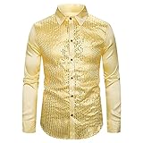 HONMEN Herren Langarmshirts Langarm Reverskragen Pailletten Metallic Glänzend Sequin Glitzer Kostüm T-Shirt Männer 70er 80er Jahre Disco Hemd Shirts für Party Halloween Cosplay Nachtclub Disco T