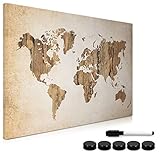 Navaris Magnettafel Magnetpinnwand Memoboard zum Beschriften - 60x40 cm Notiztafel World Map Vintage Design - Tafel abwaschbar mit Halterung Magneten S