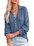 Beautmell Damen Reverskragen V-Ausschnitt Pullover Übergröße Langarm Blusen mit Nähen Knöpfe Pullover Umlegekragen Shirts, blau, L