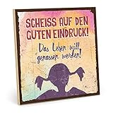 TypeStoff Holzschild mit Spruch – Scheiss AUF DEN Guten Eindruck - Shabby chic Retro Vintage Nostalgie deko Typografie-Grafik-Bild bunt im Used-Look aus MDF-Holz (19,5 x 19,5 cm) - HS-00078