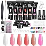 Nagelverlängerung Kit für Nägel, Kastiny 6 Farben Poly Gel Starter Set mit Slip Lösung, Rosa Nude Weiß Braun Nägel Selber Machen mit Strass Glitter Brush Base Top Coat, Maniküre Builder für Neuj