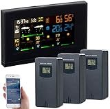 infactory WLAN Thermometer Outdoor: WLAN-Funk-Wetterstation mit 3 Außensensoren, Farbdisplay, Uhr und App (WLAN Thermometer Gewächshaus)