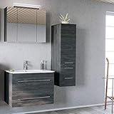Lomadox Badezimmermöbel Set in Graphit Struktur, 80cm Keramik-Waschtisch, LED-Spiegelschrank & Midischrank