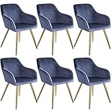 tectake 800863 6er Set Esszimmerstuhl mit Armlehnen, gepolstert, Sitzfläche aus Samt, goldene Metallbeine, für Wohnzimmer, Esszimmer, Küche und Büro (Blau Gold | Nr. 403996)