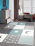 Teppich-Traum Kinderzimmer Teppich Spiel & Baby Teppich Punkte Sterne Mond Design in Blau Türkis Grau Creme Größe 80x150