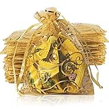 AISHN 100 Stück Organza-Geschenkbeutel, 9 x 12 Geschenkbeutel mit Kordelzug, Verwendung für Süßigkeiten, Schmuck, Party, Hochzeit, Geschenktüten und Dankeskarte, etc. (Gold)