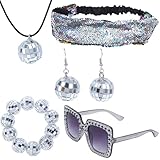 5 Stück 1970er Disco Zubehör Disco-Set Kugel Ohrringe Halskette Armband Bling Stirnband und Sonnenbrille für Frauen Silb