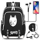 ZOSUO Fox Mask Schultasche Anime Demon Slayer Rucksack Sports Leisure Rucksack mit USB Charger Port Kamado Tanjirou Makomo Sabito Student Backpack für & Jug