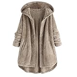 Darringls Fleecemantel Damen Plüschjacke Warm Softshelljacken Plüschmantel mit Kapuze Funktionsmäntel Dickere Herbstjacke Warm Teddy Fleecejacke Stepp