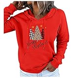 Boshivw Schöne Weihnachtspullover Damen mit Weihnachtsbaum Druck Weihnachtsmotiv Kapuzenpullover Hoodie Festlicher Weinachtspulis Christmas Sweater Lang