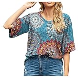 BUDAA Frauen Lose T-Shirt Fit Lose V-Ausschnitt Solid/Print Fledermausärmel Top Oversized Baggy T-Shirt Pullover Bluse Sommer Urlaub Basic Tunika Shirts, blau, S