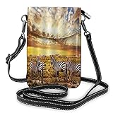 ADONINELP Leder Handytasche Umhängetasche Afrikanische Zebras Herde auf Savanne bei Sonnenuntergang Kleine Umhängetasche Handy Geldbörse Geldbörse Handtaschen Umhängetasche Handytasche Tasche für F