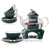 Teeservice Set Classic-Stil Blühende Tee Set Bleifreier Teekanne aus Glas(650 ml) mit Porzellan stövchen für losen Tee, mit abnehmbare Keramik-Sieb Enthält 4 Porzellan Tasse(200 ml) und U