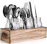 Lawei Einmachgläser-Utensilienhalter aus Glas – Glas-Besteck-Organizer für Löffel, Messer und Gabeln mit rustikalem Holz-Caddy, für Bauernhaus-Küchen-Deko, Arbeitsp