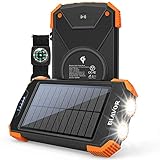 Solar Power Bank, Qi, Tragbares kabelloses Ladegerät, 10.000 mAh Externer Akku, USB C und Micro USB Eingang, Doppel-Taschenlampe, Kompass, Aufladen über Solarp