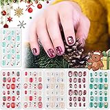 Kalolary 144 Stücke Kinder Falsche Nägel, Weihnachten Gefälschte Nägel Künstliche Nagelspitzen Kinder Volle Abdeckung Kurze Falsche Fingernägel für Mädchen Damen Nagelkunst Dekoration (6 Boxen)