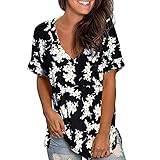 thermo shirt damen langarm Tunika Damen Blumen Locker T-Shirt Langarm V Ausschnitt Knopfleiste Bluse Plissiert Floral Henley Bluse Casual Locker Oberteil Tops Basic T-Shirt Blusen Casual Longshirt XXL