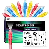 QBIX UV-Stift mit Lampe im 9er Pack, Geheimstifte in 3 unterschiedlichen Farben, Spion Kugelschreiber mit Licht, Zauberstifte Kinder für unsichtbares Schreiben inkl. 5 Schab