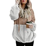 Mantel Damen Winter Lang Frauen Kapuzen Reißverschluss Tasche Langärmeliger Doppelseitiger Fleece Plüschmantel Pullover mit Colorblocking Casual Funktionsjacke Winterjacke Steppjacke Outdoorjack