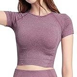 laamei Damen Sportshirt Kurzarm Einfarbrig Bauchfrei Crop Top Atmungsaktiv Bequem Fitness Shirt Laufshirt Nahtlos Sportshirt Schnell trocknend T-Shirt für Training Laufen(B Weinrot，S)