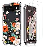 Niboow hülle Kompatibel mit Google Pixel 6, [Mit 2PCS 9H Panzerglas] TPU Silikon Schlank Schutzhülle, Clear Blumenmuster Handyhülle Friendly Kompatibel mit Google Pixel 6-Orange/R