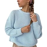 nicticsi Damen Pullover Einfarbig Rundhals Strickpullover Casual Sweatshirts Langarm Tunika Winter Knited Sweater Lose Top Warm Strickwaren Jumper Hellblau M