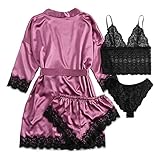 Damen Sexy Nachtwäsche Satin Morgenmantel Kimono Bademantel mit Gürtel, Sayla Dessous Body Wäsche Bodysuit Tief V-Ausschnitt Reizwäsche Spitze Unterwäsche Vierteiliger Oberteil,Hose,Höschen,Rob