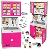 Set: Spühle / Küchenschrank mit Zubehör - Geschirr & Töpfe - incl. Name - für Puppenhaus - Miniatur für Puppenstube - passend für alle gängigen Modepupp
