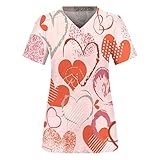 Valentinstag Bluse für Damen T Shirt mit Batik Herzdruck Krankenhaus Arbeitsuniform Kurzarm Pflege Tunika mit Taschen Medizinische Kasacks für Krankenschwestern Arzt Krankenschwester U