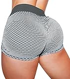 HIGORUN Damen Butt Lifting Yoga-Shorts Hohe Taille Strukturierte gerüschte Hotpants Gym Workout Laufen Strand Shorts - Grau - M