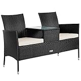 Casaria Poly Rattan Gartenbank 2-Sitzer Tisch In Der Mitte Auflage Wetterfest 143 cm Garten Balkon Kinobank Bank Schw