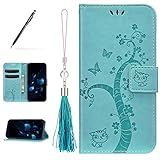 Uposao Kompatibel mit Samsung Galaxy S7 Edge Hülle Leder Katze Baum Muster mit Quaste Anhänger Hülle Flip Schutzhülle Brieftasche Handyhülle Wallet Bookstyle Case Magnet Kartenfach,Grü